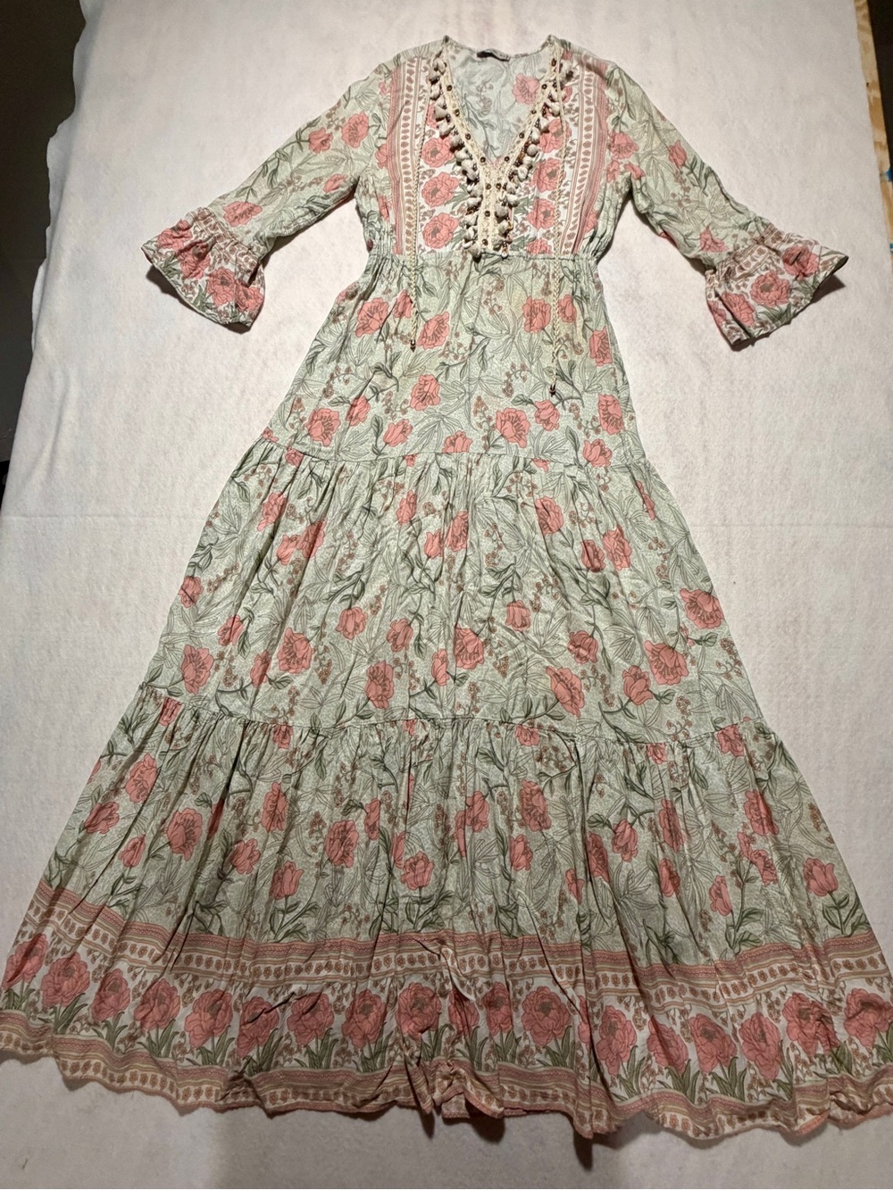 FLAW-SVF Boho Floral Tiered Maxi Dress Cowrie Shell V- Neck Size L / UK 12/US 8 - Picture 9 of 10